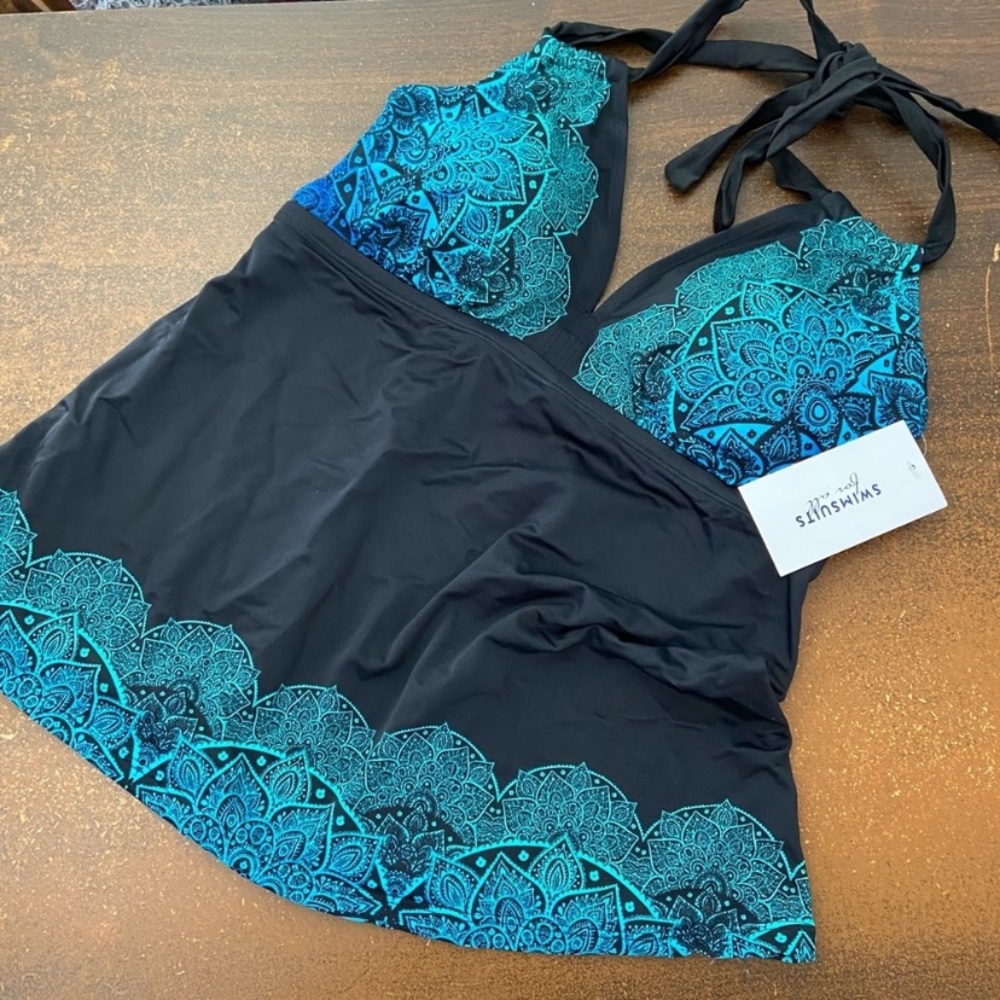Black and Teal Women's Swim Top - Picture 3 of 5